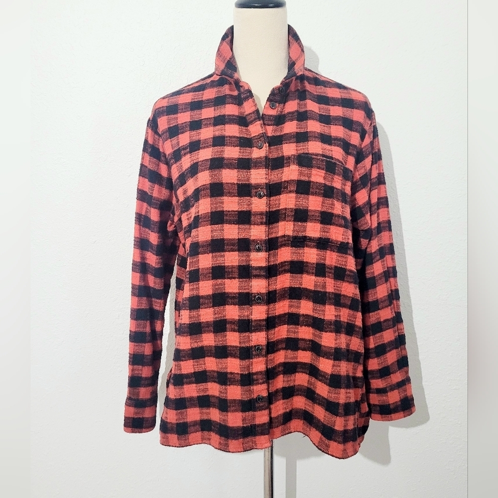 Madewell Woman Buffalo Plaid Flannel Shirt Small Red Black 100% Cotton Oversize - Picture 2 of 12